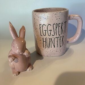 Rae Dunn EGGSPERT HUNTER Pink Speckled Mug & Vintage Pink Ceramic Bunny Set